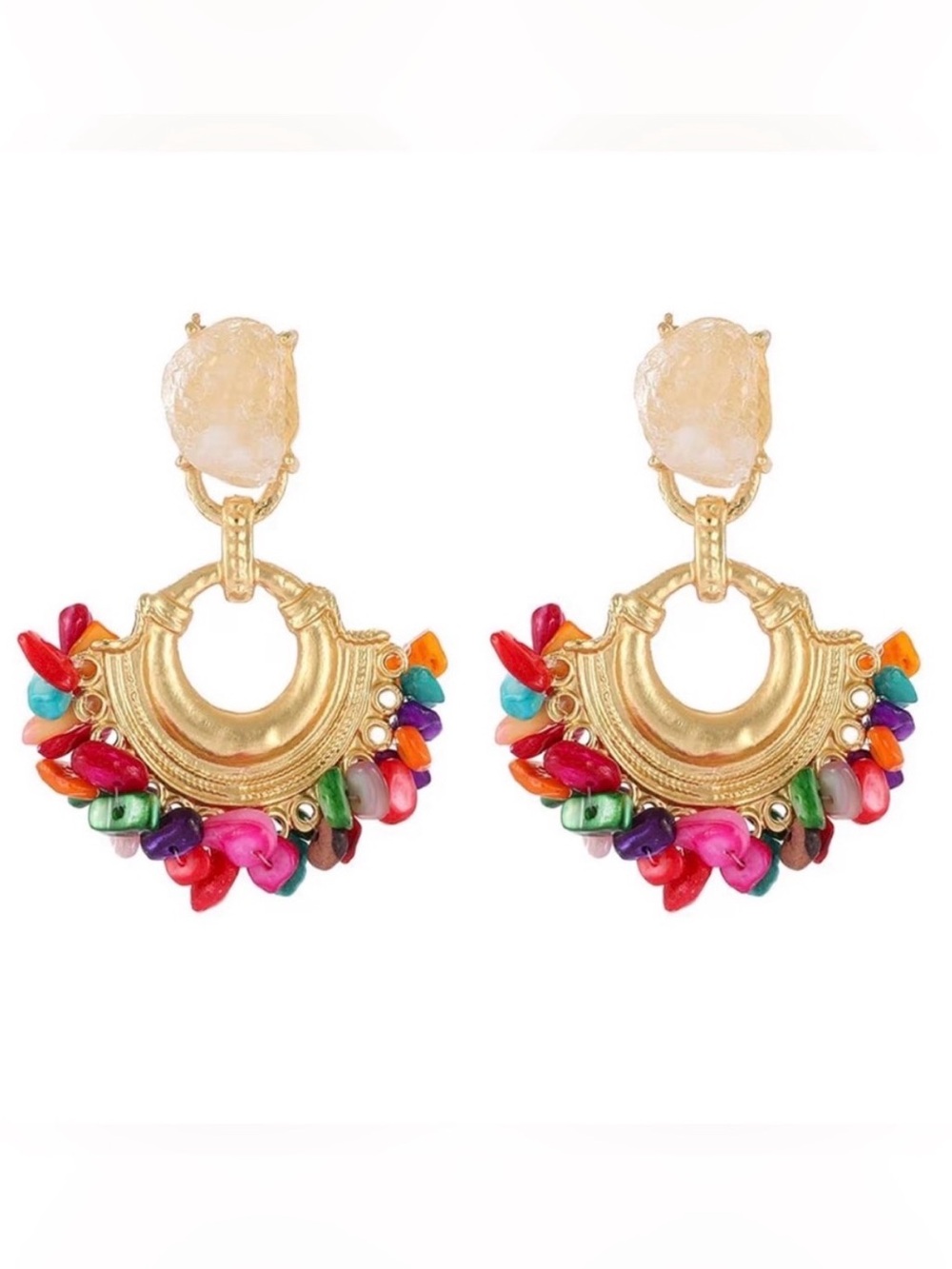 Bohemian Vintage Handmade Hanging Colorful Stone Dangle Metal Drop Earrings - Picture 3 of 5